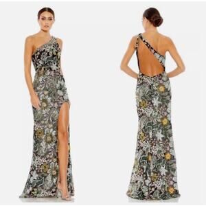 Mac Duggal [ 10 ]  Embellished Floral One Shoulder Gown Black 49574 NWT $698